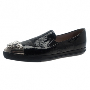 Pre Owned Miu Miu Black Leather Crystal Cap Toe Sneakers Size 42