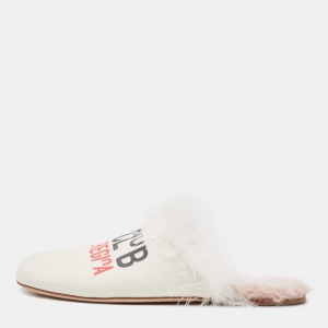 Miu Miu White Canvas And Fur Mule Flats Size 39