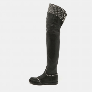 Miu Miu Black Leather Stud Embellished Over The Knee Boots Size 36