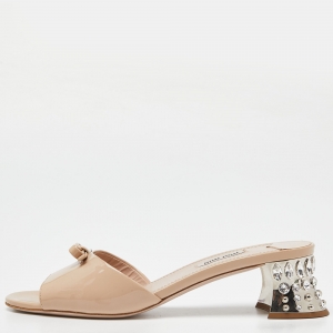 Miu Miu Beige Patent Leather Crystal Embellishment Mule Sandals Size 40