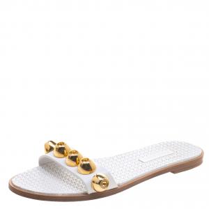 Miu Miu White Studded Leather Flat Slides Size 36.5