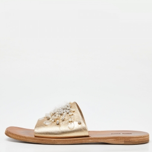 Miu Miu Gold Leather Crystal Embellished Open Toe Flat Slides Size 40
