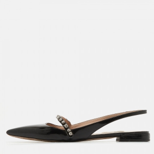 Miu Miu Black Patent Leather Crystal Embellished Slingback Flats Size 40.5