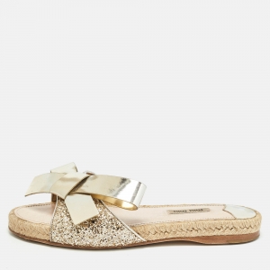 Miu Miu Metallic Gold Leather Bow Flat Slides Size 38.5  