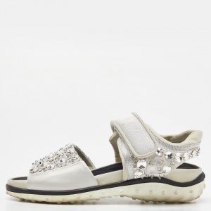 Miu Miu Silver Fabric Crystal Embellished Flat Sandals Size 38