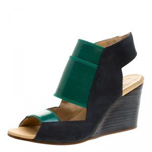 MM6 Maison Margiela Blue/Green Leather and Coated Elastic Fabric Wedge Sandals Size 36
