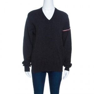 Moncler Grey Wool Stripe Detail Ribbed Trim V-Neck Sweater L