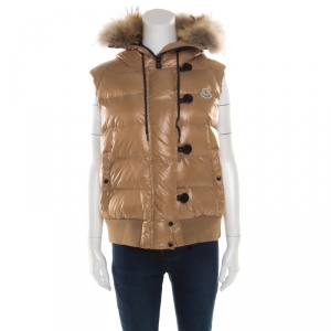 Moncler Beige Quilted Raccon Fur Hood Detail Tarn Down Gilet  XXL