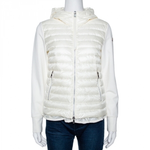 Moncler Off White Down Quilted Ruffled Hem Hooded Jacket M