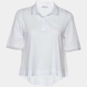 Moncler White Pique Knit Cotton Flared Polo T-Shirt S