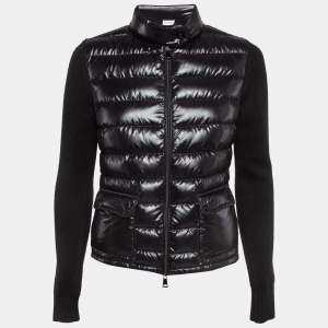 Moncler Black Synthetic Quilted and Wool Knit Zipper Jacket S