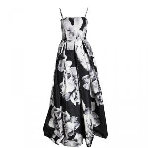 Monique Lhuillier Black Floral Printed Pleated Sleeveless Gown M