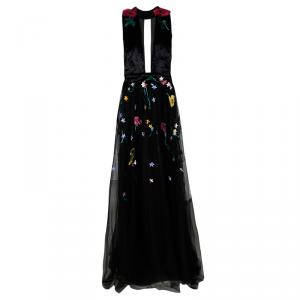 Monique Lhuillier Black Velvet Floral Applique Embroidered Embellished Tulle Gown XL