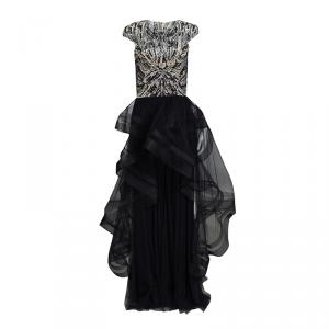 Monique Lhuillier Collection Navy Feather and Sequin Embellished Layered Tulle Gown M