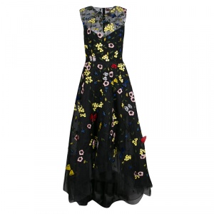 Monique Lhuillier Black Floral and Butterfly Applique High Low Tulle Gown S 