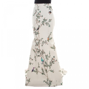 Monique Lhuillier Collection Off White Pebbled Jacquard Bird Print Maxi Skirt M