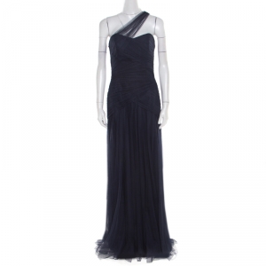 Monique Lhuillier Bridesmaids Navy Blue Draped Tulle One Shoulder Gown M