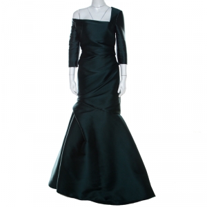 Monique Lhuillier Emerald Green Silk Satin Asymmetric Sleeve Evening Gown M 