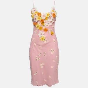 Pre Owned Moschino Cheap and Chic Pink Floral Applique Silk Midi Slip Dress M