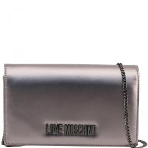 Love Moschino Metallic Grey Faux Leather Clutch Bag