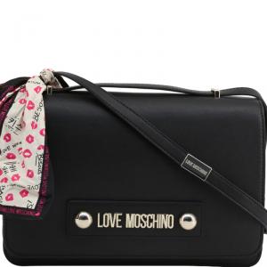 Love Moschino Black Faux Leather Scarf Flap Shoulder Bag