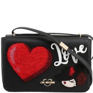 Love Moschino Black Faux Leather Applique Shoulder Flap Bag