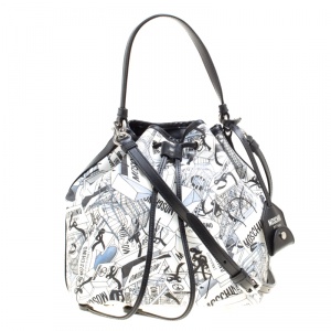 Moschino White Printed PVC Sketch Drawstring Hobo