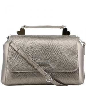Pre Owned Love Moschino Grey Embossed Logo Leather Top Handle Satchel Bag