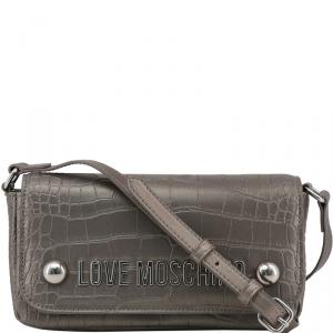 Pre Owned Love Moschino Grey Faux Croc Embossed Leather Crossbody Bag