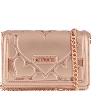 Pre Owned Love Moschino Metallic Pink Leather/Mesh Cut Out Heart Chain Flap Bag