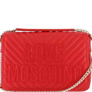 Pre Owned Love Moschino Red Quilted Leather Logo Chain Shoulder Bag