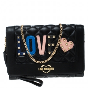 Pre Owned Love Moschino Black Quilted Synthetic Leather Love Chain Flap Shoulder Bag