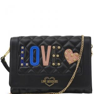 Love Moschino Black Quilted Faux Leather "LOVE" Chain Flap Bag