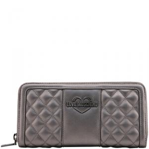 Pre Owned Love Moschino Grey Quilted Faux Leather Zip Around Wallet