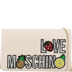 Love Moschino White Faux Leather Embroidered WOC Crossbody Bag 