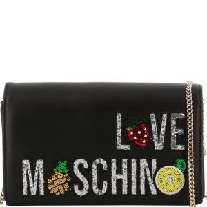 Pre Owned Love Moschino Black Faux Leather Embroidered WOC Crossbody Bag 