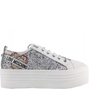 Love Moschino White Glitter and Leather Platform Sneakers Size 39