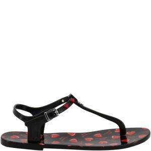 Love Moschino Black Heart Print Rubber Flat Thong Sandals Size 37