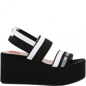 Love Moschino Black Fabric Ankle Strap Platform Wedge Sandals Size 41