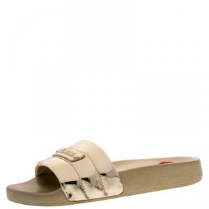 Love Moschino Metallic Gold Faux Leather Flat Slides Size 35