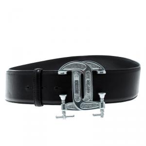 Moschino Black Leather Interlocking C Clamp Belt 75 CM