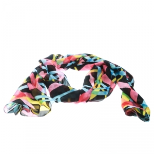 Moschino Black Sheer Silk  Multicolor Diamond Check Print Stole
