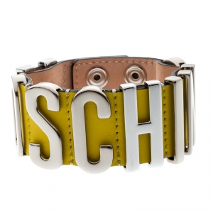 Moschino Silver Tone Logo Plaque Yellow Leather Cuff Bracelet