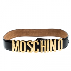 Moschino Glossy Black Leather Redwall Logo Belt 85cm