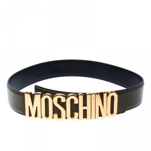 Moschino Olive Green Leather Logo Belt 85CM