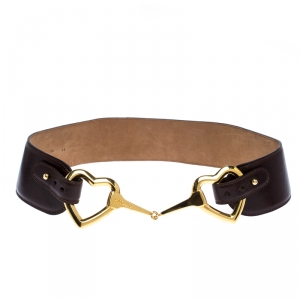 Pre Owned Moschino Dark Brown Leather Heart Buckle Belt 80CM