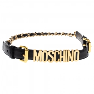 Moschino Black Leather Logo Waist Belt 40