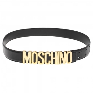 Pre Owned Moschino Black Leather Classic Logo Belt 80 CM