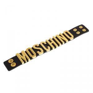 Moschino Logo Wide Black Leather Gold Tone Bracelet M