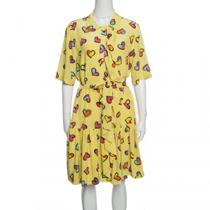 Boutique Moschino Yellow Heart Printed Silk Ruffle Front Drop Waist Dress M